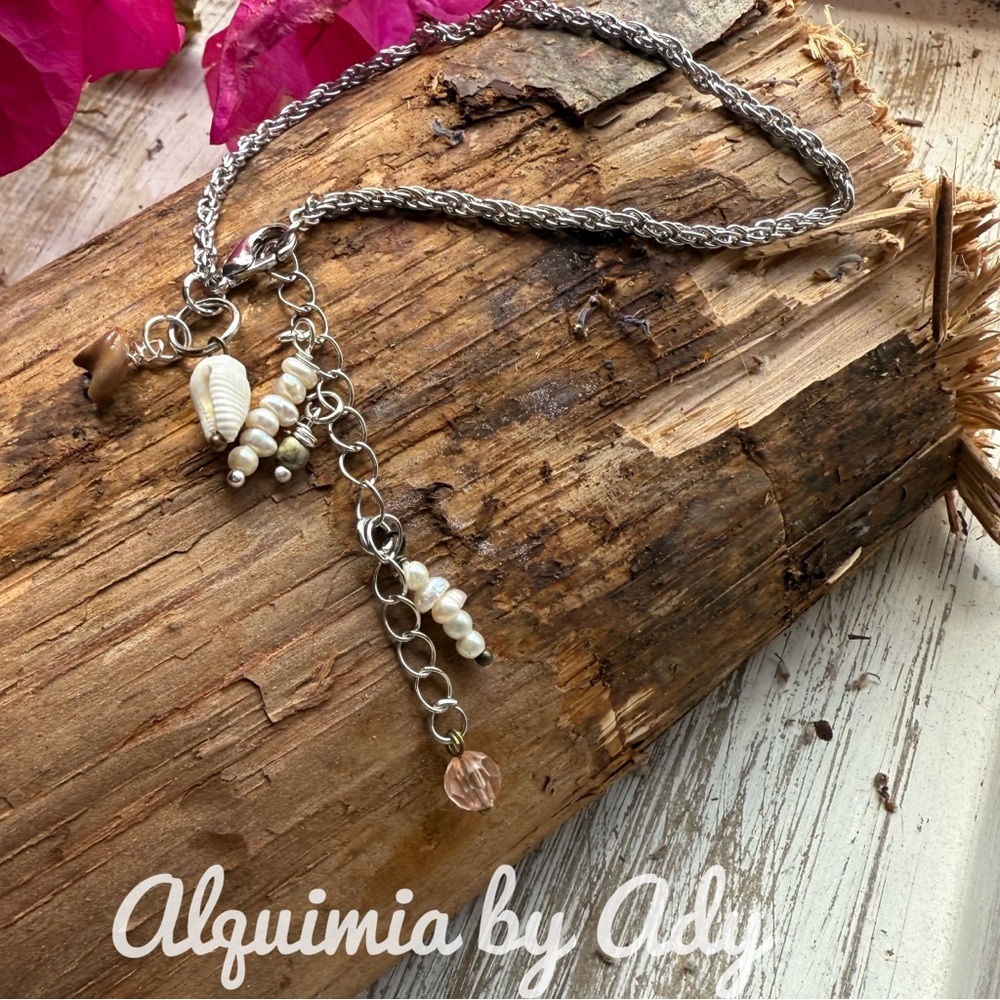 Silver dainty freshwater pearl charms adjustable bracelet